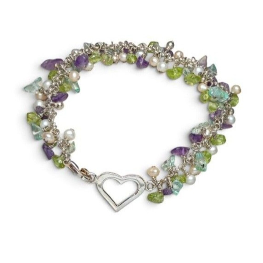 Heart Bracelet Sterling Silver 925 Peridot Amethyst Cultured Pearl Bead Cha Cha